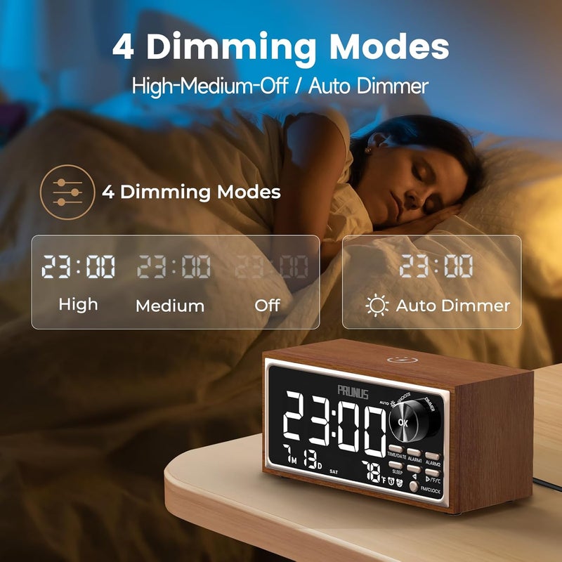PRUNUS J-177 Retro Vintage Alarm Clock Radio with Fast Wireless Charging, Dual Alarms, Snooze, Large LED Display,Dimmer Control,Auto-Dimming,Retro Clock for Bedroom - Image 5
